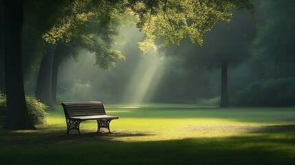 Poster - Peaceful park scene with sunlight streaming through trees illuminating a wooden bench : Generative AI