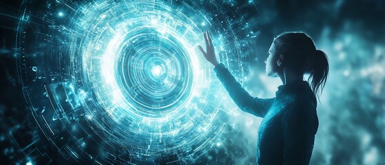 Poster - woman interacts with futuristic interface, digital background, tech concept