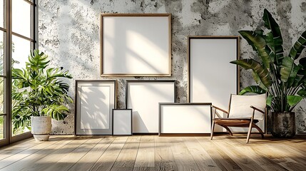 Aufkleber - Beautifully arranged empty picture frames against a textured wall with vibrant greenery in a bright room : Generative AI
