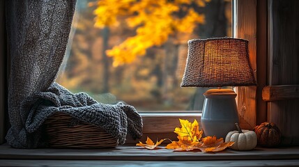 Poster - Cozy indoor scene with warm light, pumpkins, and autumn leaves by the window : Generative AI