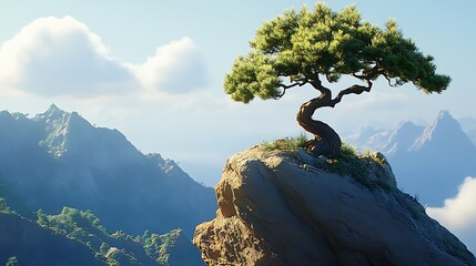 Poster - Stunning lone tree perched on a rocky cliff with majestic mountains in the background during a clear day : Generative AI