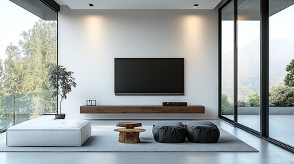 Aufkleber - Modern minimalist living room with clean lines and stunning views of nature and natural light : Generative AI