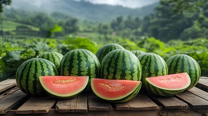 Poster - Freshly Cut Watermelons Displayed on a Wooden Table Surrounded by Lush Green Fields : Generative AI