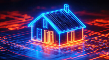 Aufkleber - A small house outline shines in blue and orange hues, set against a dark backdrop, highlighting modern architectural design elements