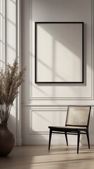 Aufkleber - Minimalist interior design with a black chair, large empty frame, and decorative dried plants in a stylish room : Generative AI