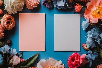 Poster - Two blank note cards surrounded by vibrant flowers on a blue background for creative inspiration : Generative AI