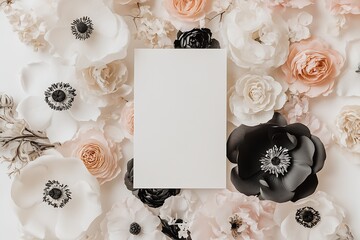 Poster - Elegant flat lay of various beautiful flowers surrounding a blank space for adding text or design elements : Generative AI