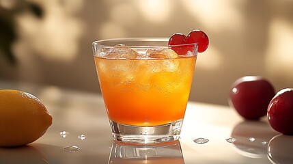 Aufkleber - Refreshing cocktail in a glass with ice and garnished with cherries and lemon on a sunny table : Generative AI