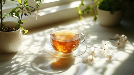 Poster - A beautiful cup of tea with delicate flowers and soft sunlight creating a calming ambiance on a table : Generative AI