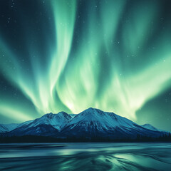 Wall Mural - Vivid Clear Night Sky Enlivened by Dancing Green Aurora, Creating an Enchanting and Mystical Atmosphere