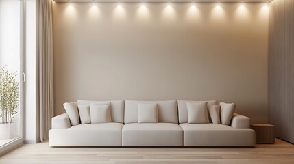 Aufkleber - Stylish modern living room with a large white sofa and warm lighting creating a cozy atmosphere : Generative AI