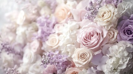 Poster - Beautiful arrangement of pastel colored roses and flowers creating a soft and romantic floral backdrop : Generative AI