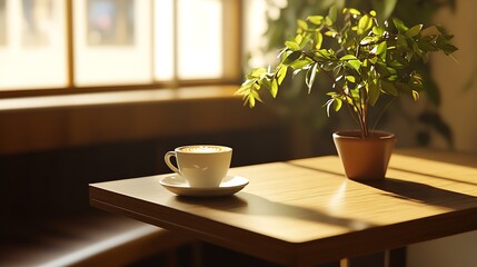 Poster - Inviting coffee cup on a wooden table with a lively plant basking in warm sunlight : Generative AI