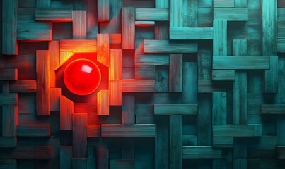 Poster - Abstract geometric wood panel with a glowing red sphere embedded in the center