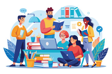 Poster - a diverse group of individuals collaborates on various learning tasks in an inviting study area, peo