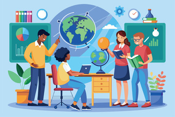 Poster - Four students collaborate on scientific studies, using various materials and discussing concepts in class, People are studying science and globe