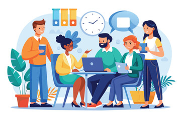 Aufkleber - A group of five professionals share ideas and discuss working hours around a meeting table, people are talking about working hours rules