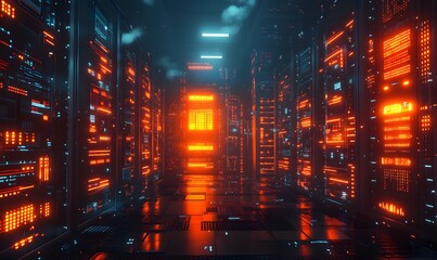 Poster - Data Center Server Room with Glowing Lights and Complex Network Connections