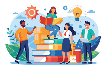 Poster - a group of individuals sharing knowledge while studying and interacting around stacks of books, peop