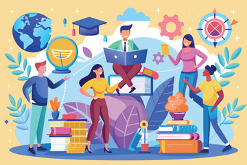 Poster - A diverse group engages in collaborative learning amid books and educational symbols, People develop knowledge,