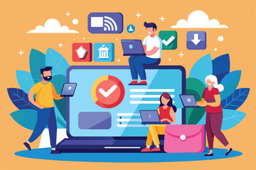 Poster - groups of individuals are using devices to download multimedia files in a collaborative setting, peo