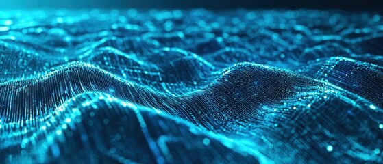 Poster - Abstract Blue Digital Waveform: A mesmerizing digital landscape of undulating lines and glowing particles, evoking a sense of futuristic technology and serene movement.