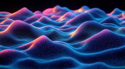 Wall Mural - abstract blue and pink waves undulate across a dark landscape in digital art