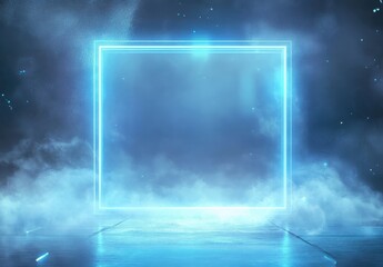 Poster - Ethereal Blue Light Frame Surrounded by Misty Fog in a Dark Environment for Use in Backgrounds, Displays, and Creative Designs