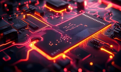 Poster - Detailed red and dark computer circuit board with glowing pathways