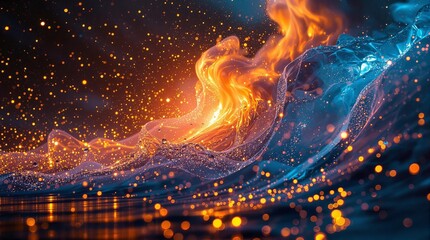 Aufkleber - A vivid, ethereal scene of a fiery, swirling vortex of fire and water, with a backdrop of a starry night sky. The fire's bright orange and yellow hues contrast starkly against the deep