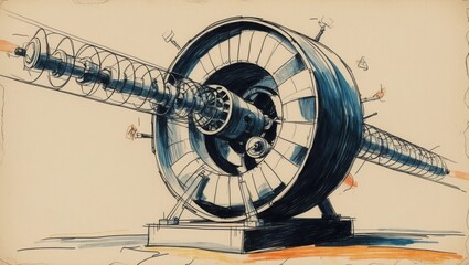 blue space station ink drawing. future metal structure with orange fire coming from end. large circl