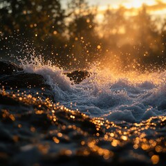 Aufkleber - A captivating sunset over the ocean, with the sun casting a golden hue over the waves crashing against the rocks. The water is illuminated by the sun's rays, creating a shimmering effect that contrast