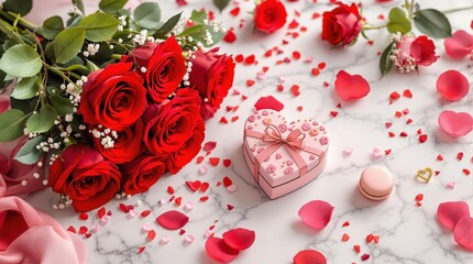 Aufkleber - A romantic scene featuring a bouquet of vibrant red roses accompanied by a heart-shaped gift box and two macarons, all set against a pristine white marble backdrop. The roses are complemented by delic