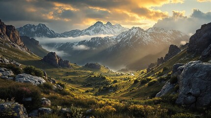 Fototapete - A breathtaking landscape of a mountain range bathed in the golden hues of a setting or rising sun. The foreground is dotted with lush green grass and rocky terrain, while the middle ground reveals tow