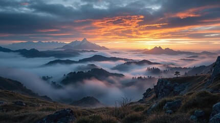 Poster - A breathtaking panoramic view of a mountain range enveloped in mist, with the sun casting a golden hue over the peaks and valleys. The foreground features grassy terrain and rocks, while the middle gr