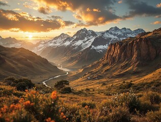 Fototapete - A breathtaking panoramic view of a mountain range bathed in the golden hues of a setting or rising sun, with snow-capped peaks, a winding river, and lush vegetation in the foreground
