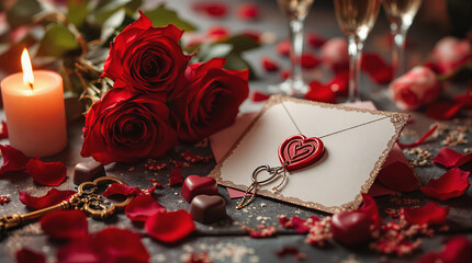 Poster - A romantic scene featuring a lit candle, a card with a heart-shaped locket, and a bouquet of red roses, all set against a blurred background.