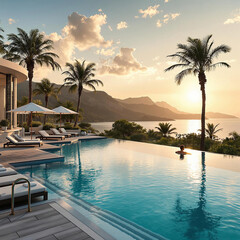 Poster - A serene outdoor setting at a luxurious resort, with a large infinity pool surrounded by sun loungers, lush palm trees, and a building with pillars and glass walls. The sky is painted with hues of