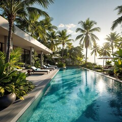 Poster - A luxurious villa situated on a tropical island, with a large swimming pool in the foreground surrounded by lush greenery and tall palm trees. The pool is bordered by a pathway, and there are sun loun