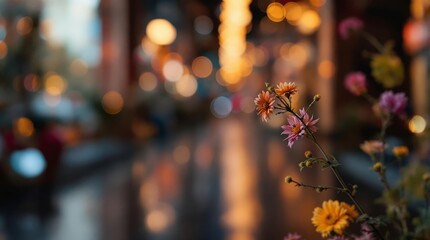 Aufkleber - A blurred urban scene at dusk, with a vase filled with flowers in the foreground, their petals and leaves illuminated by the soft glow of the setting or rising sun. The background is a bokeh of city l
