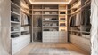 © PabloStock - Interior design walk in closet with shelves drawers hanging clothes in light neutral tones wood floor inside luxury apartment illuminated by warm lights