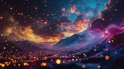 Aufkleber - A vivid digital painting of a cityscape at night, illuminated by a myriad of lights, set against a backdrop of a cosmic sky filled with stars and nebulae. The city below is bathed in a warm, golden hu