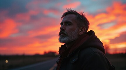 Poster - A man with a beard and a jacket standing on the side of a road, gazing into the distance with a backdrop of a fiery sky painted in hues of orange, red, and blue.