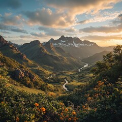 Fototapete - A breathtaking view of a canyon with rocky outcrops and sparse vegetation, set against a backdrop of majestic mountains under a sky filled with fluffy clouds.