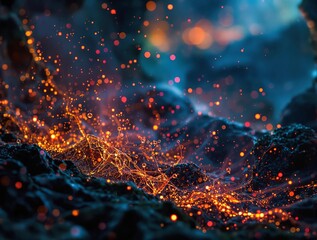 Poster - A vivid, abstract representation of a cosmic scene, with a nebula-like formation illuminated by a myriad of bright, glowing particles that seem to emanate from a distant star or galaxy. The colors ran