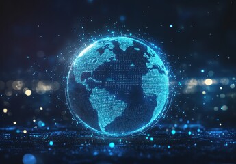 Poster - Futuristic Digital Earth Globe Surrounded by Glowing Data Particles in Cyber Space Representing Global Connectivity and Information Exchange