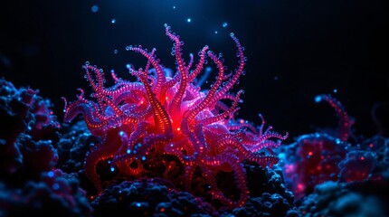 Aufkleber - A vivid underwater scene, illuminated by a soft, ethereal light that casts a gentle glow on a coral reef. The coral is a striking shade of pink, contrasting with the deep blue of the surrounding water