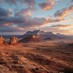 Poster - A breathtaking view of a desert landscape during sunset, with undulating rock formations in the foreground and mountains in the background. The sky is painted with hues of orange, pink, and blue, and 