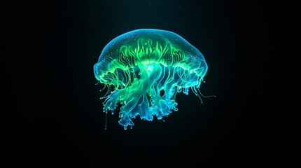 Aufkleber - A captivating underwater scene featuring a vibrant blue and green jellyfish floating gracefully against a stark black backdrop. The jellyfish's bell is illuminated, revealing its delicate, bell-shaped