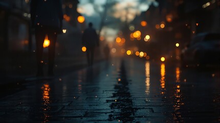 Poster - A person walking down a city street at night, captured in a cinematic style with a shallow depth of field that blurs the background into a bokeh effect, emphasizing the interplay of light and shadow. 